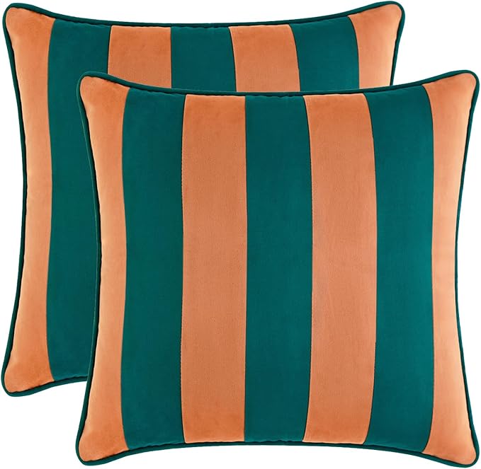 MONDAY MOOSE Decorative Throw Pillow Covers Cushion Cases, Set of 2 Soft Velvet Striped Piping Edge Designs, Pillow Inserts Not Included (Coral/Dark Teal, 20x20 inch)