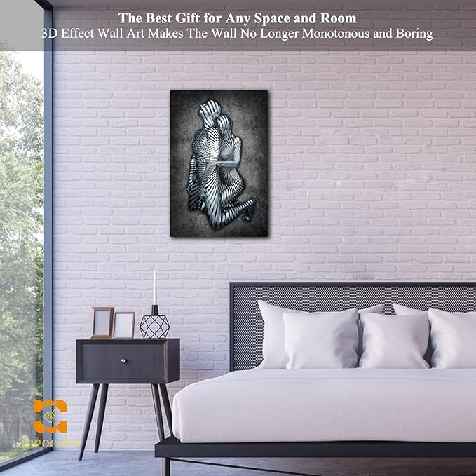 HIPOCAPO 3D Metal Effect Wall Art - Wall, Modern Abstract Hug Lovers Painting Picture Poster Prints for Bathroom, Romantic Couple Living Room Canvas Framed 12''x18''x1Pcs 3d Art-25