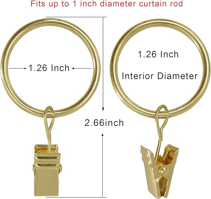 100 Pack Curtain Rings with Clips, Drapery Clips with Rings, Drapes Rings 1.26 in Interior Diameter, Fits up to 1 in Curtain Rod, Gold Color