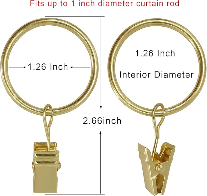 40 Pack Curtain Rings with Clips, Drapery Clips with Rings, Drapes Rings 1.26 in Interior Diameter, Fits up to 1 in Curtain Rod, Gold Color