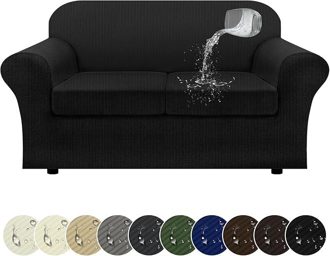 100% Waterproof Loveseat Cover 3-Piece Set Striped Loveseat Slipcovers for 2 Cushion Couch Sofa Covers with TPU Leakproof Bottom Stretch Couch Protector Pet Proof - Loveseat, Black
