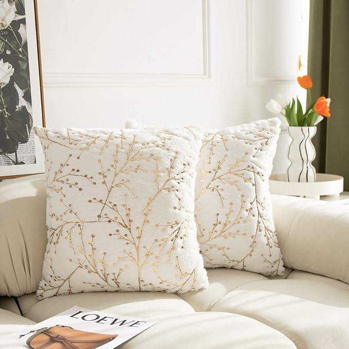 LIGICKY Set of 2 Fluffy White Faux Fur Pillow Covers Gold Branches Glitter Throw Pillows Decorative Soft Furry Sparkling Square Cushion Cases for Sofa Bedroom Party Décor 16x16inch（Double Sided Fur
