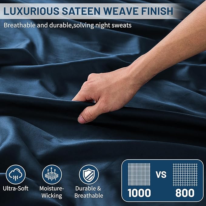 MEISHANG 1000 Thread Count Cotton Sheets California King - 100% Egyptian Cotton, Sateen Weave, Soft & Breathable, Oeko-Tex Certified, 16" Deep Pockets - 4 Piece (Cal King, Navy)
