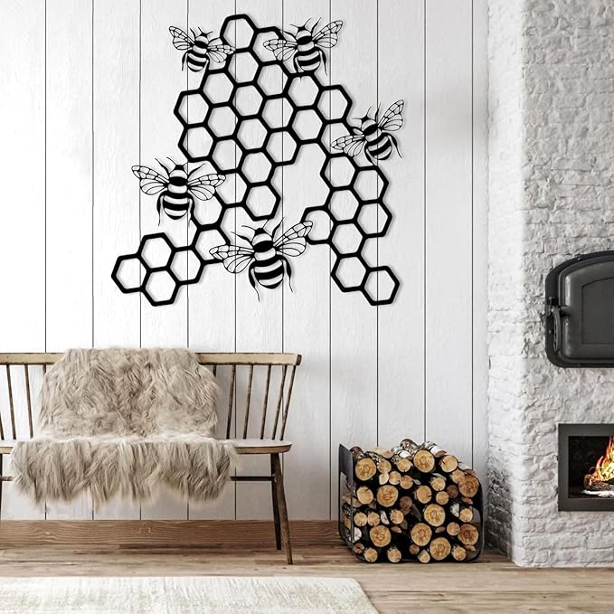EANHIPE Bee and Honeycomb Metal Wall Art, Honey Bee Metal Wall Decor, Minimalist Animal Wall Sculpture, Rustic Farmhouse Decor, House Decorations Living Room (Gold, 28"x28"/70x70cm)