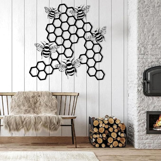EANHIPE Bee and Honeycomb Metal Wall Art, Honey Bee Metal Wall Decor, Minimalist Animal Wall Sculpture, Rustic Farmhouse Decor, House Decorations Living Room (Black, 28"x28"/70x70cm)