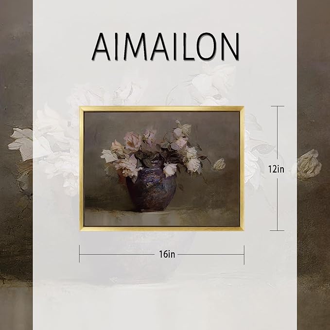 AIMAILON Vintage Gold Canvas Wall Art Framed Decor Classical Nature Theme for Living Room Office Home Decoration Pink Flower Botanical Aesthetic Picture Still Life Artwork Decor 12x16