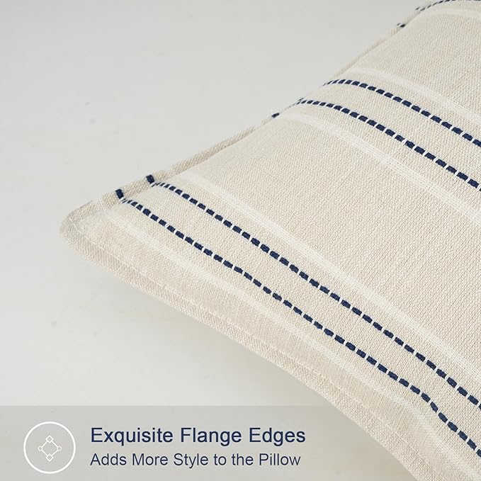 20X20 Decorative Farmhouse Linen Throw Pillow Covers, Boho Textured Pillow Case Set of 2,Beige with White & Blue Stitch Yarn Dyed Stripe Cushion Cover ,Modern Accent Square Pillowcase for Sofa Couch