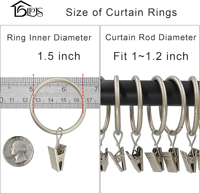 60 Pack Metal Curtain Rings with Clips, Curtain Clip Rings Hooks for Hanging Drapery Drapes Bows, Curtain Rod Rings 1.5 inch Interior Diameter, Matte Silver