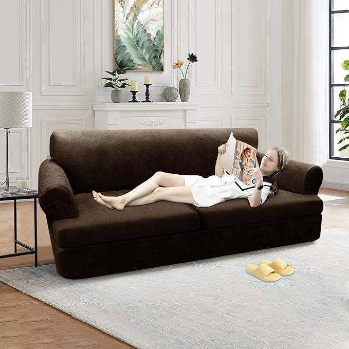 3-Pieces T Cushion Sofa Slipcovers Leather Look Couch Cover for 2 Cushion Couch Furniture Protector Stretch Sofa Cover with 2 Individual T Cushion Seat Covers Washable, Coffee