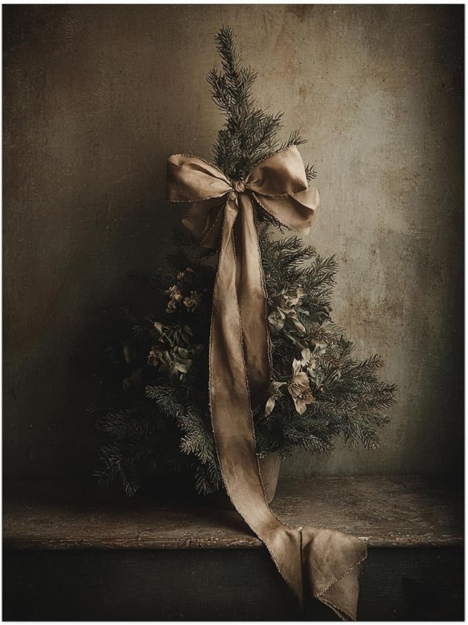 VRustic Holiday Wall Art,intage Christmas Tree with Ribbon Painting,Antique Winter Tree Prints,Old World Moody Christmas Cottagecore Decor