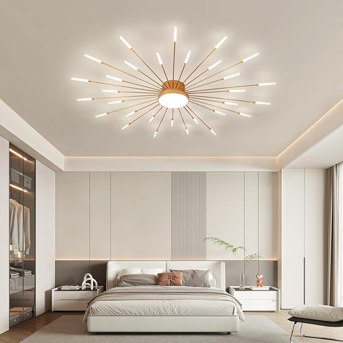 JAYMP Ceiling Light Modern Flower Shape Ceiling Lamp for Living Room Dining Room Flush Mount Metal Acrylic Sputnik Firework Petal LED Lighting Fixture (Matte Gold, 30+1 Lights)