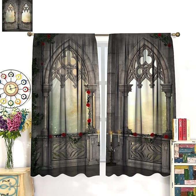 Gothic Mid Century Blackout Curtains, Vintage Castle Skull Candlesticks Red Rose Print Pattern Window Drapes, for Living Room Bedroom 42(W)*84(L) 2 Panels