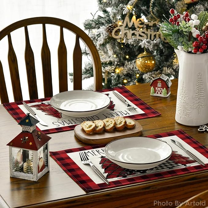 Artoid Mode Red and Black Buffalo Plaid Christmas Trees Placemats Set of 2, 12x18 Inch Winter Table Mats for Outdoor Home Party Kitchen Dining Decor