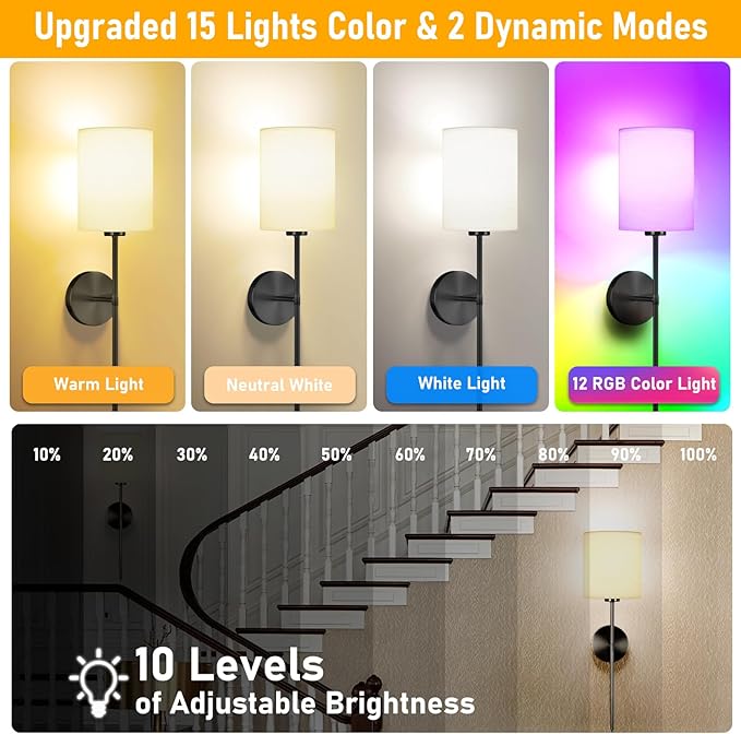 Battery Operated Wall Sconce Set of Two, Rechargeable Wireless Sconces with Dimmable Detachable Magnetic Bulbs and Remote, 15 Colors Wall Lights for Bedroom Living Room Hallway Fireplace
