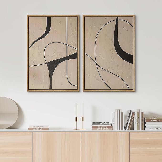SIGNWIN Framed Canvas Print Wall Art Set Modern Beige and Black Abstract Curve Minimalist Geometric Modern Art Minimal Boho Relax/Calm for Living Room, Bedroom, Office - 24"x36"x2 Natural