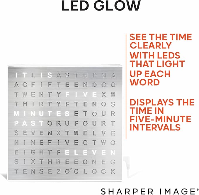 Sharper Image® LED Word Clock – 7.75" Light-Up Digital Clock for Desk & Wall| Modern Time Display Accent Clock| Unique Home Office Décor| Living Room Kitchen Bedroom| Housewarming Gift for Men & Women