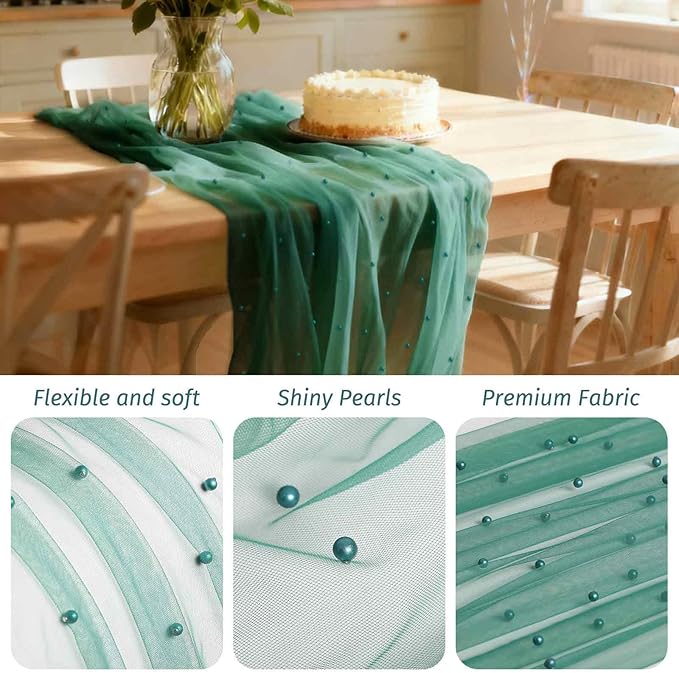 WELTRXE Pearl Table Runner 30 x 120 Inch 10 FT Long, Green Gauze Table Runners, Rustic Boho for Wedding Arch Birthday Party Bridal Veil Baby Shower Decorations