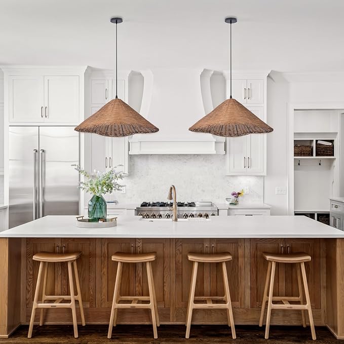 Arturesthome 1 Light Vintage Wicker Pendant Lighting for Kitchen Island,19.6" Handmade Pendant Ceiling Light for Kitchen Island Office Home Decor Coffee