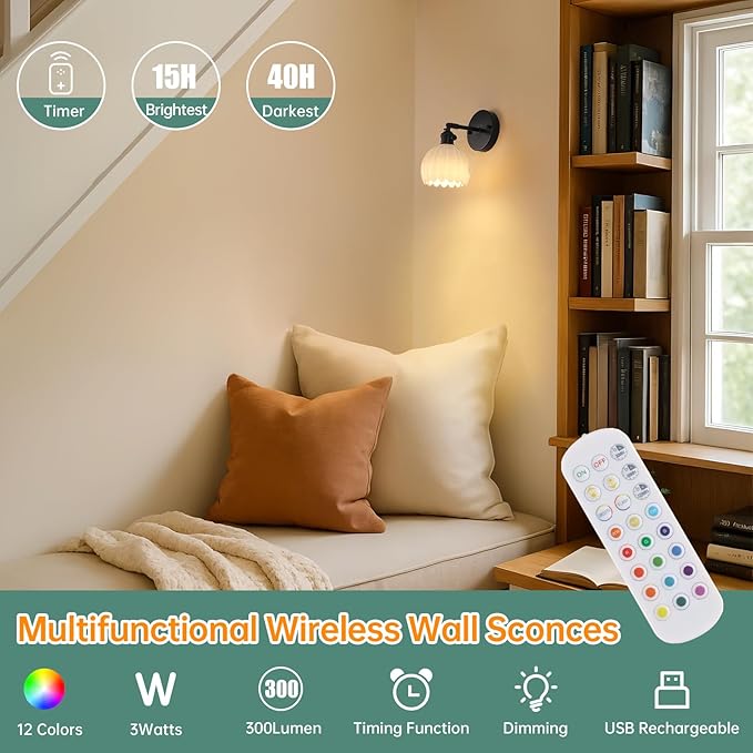Vintage Battery Operated Wall Sconce with White Tulip Glass Lampshade Rechargeable Battery Powered Black Wall Light with Remote Control for Bedside Bedroom Doorway, Set of 2