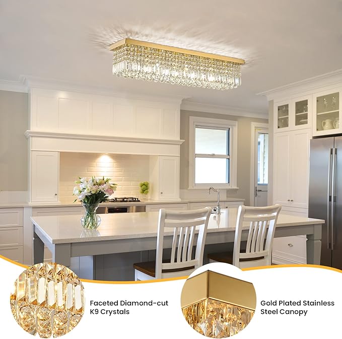 Siljoy Modern Crystal Chandelier 8 Lights Rectangular Gold K9 Crystal Raindrop Chandelier Flush Mount Pendant Ceiling Light Fixture for Dining Room Living Room Kitchen Island Bar 40 Inch