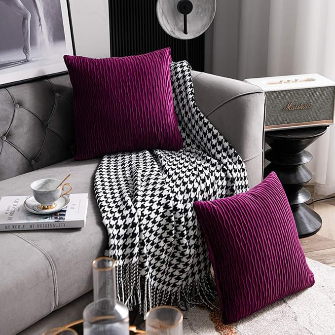 16x16 Purple Throw Pillow Cases: 2 Pack Original Striped Velvet Square Decorative Pillow Covers for Farmhouse Couch