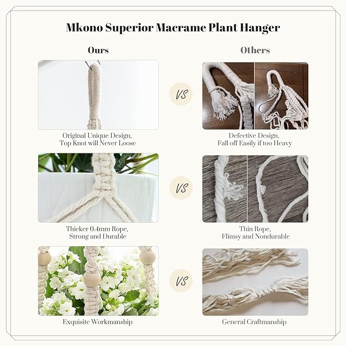 Mkono Macrame Plant Hanger Indoor Hanging Planter Basket with Wood Beads Decorative Flower Pot Holder No Tassels for Indoor Outdoor Boho Home Decor 35 Inch, Ivory, Set of 3 (POTS NOT Included)