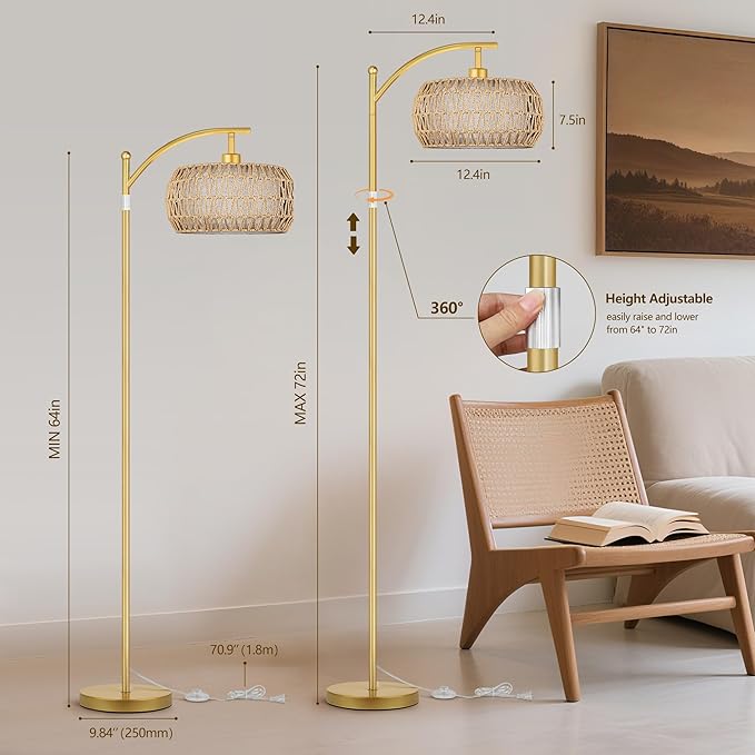 ROTTOGOON Rattan Floor Lamps for Living Room, Boho Standing Lamps with Rattan& Linen Double Shades, Arc Lamps Floor Standing with 9W Bulb, Foot Switch, Bohemian Floor Lamps for Bedroom, Office-Gold