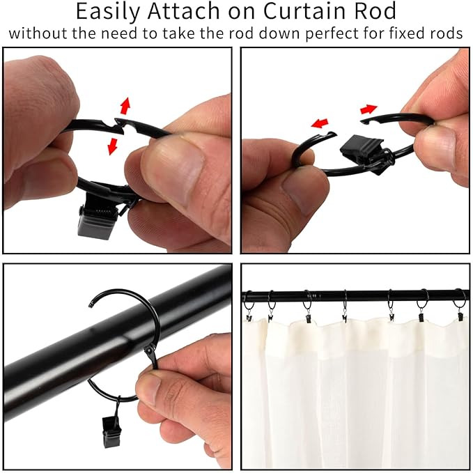 Openable Curtain Rings with Clips,1.25inch Inner Diameter,Heavy Duty Rustproof Metal Decorative Vintage Drapery Rings Curtain Clips Rod Hangers Door Curtain and Shower Curtain Rings Black Zocang