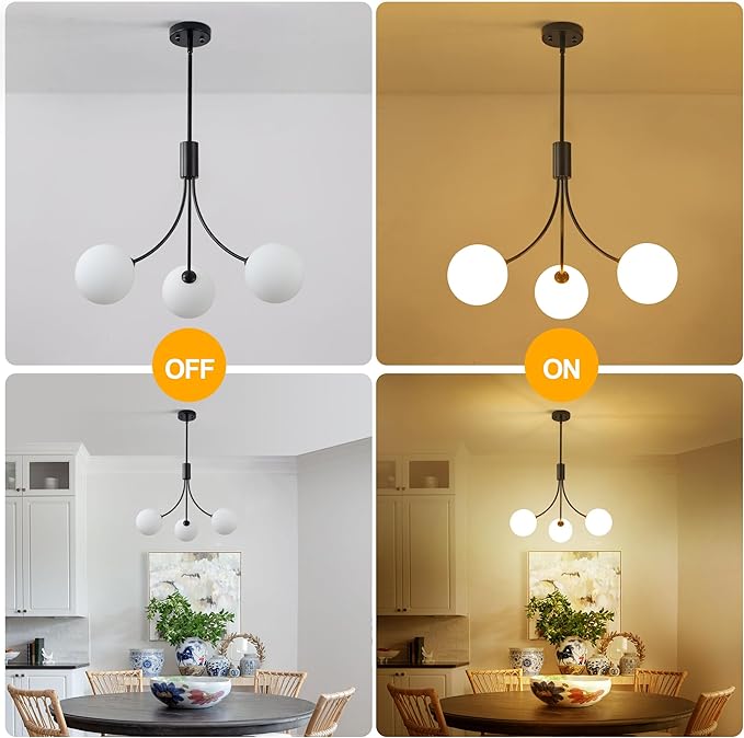 Modern Black Chandelier 3-Light Sputnik Globe Glass Ceiling Light Fixture, Mid Century Vintage Pendant Light for Dining Room, Adjustable Hanging Farmhouse Chandelier for Kitchen, Office, Entryway