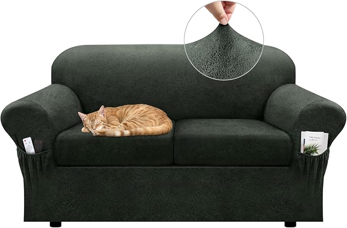 Sofa Slipcover with Armrest Pockets 4-Piece Set, Stretch Faux Leather Couch Cover for 3-Cushion(Fits 72-92") - Non-Slip, Machine Washable, Pet Friendly (Military Green, 2 Cushion Loveseat)