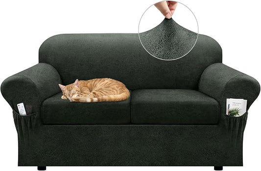 Sofa Slipcover with Armrest Pockets 4-Piece Set, Stretch Faux Leather Couch Cover for 3-Cushion(Fits 72-92") - Non-Slip, Machine Washable, Pet Friendly (Military Green, 2 Cushion Loveseat)