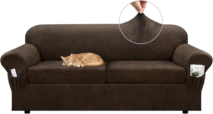 Sofa Slipcover with Armrest Pockets 3-Piece Set, Stretch Faux Leather Couch Cover for 2-Cushion Couches(Fits 72-92") - Non-Slip, Machine Washable, Pet & Kid Friendly - Brown