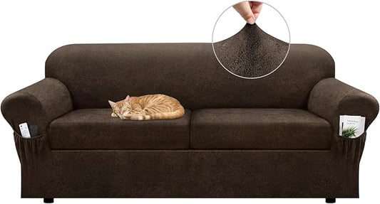 Sofa Slipcover with Armrest Pockets 3-Piece Set, Stretch Faux Leather Couch Cover for 2-Cushion Couches(Fits 72-92") - Non-Slip, Machine Washable, Pet & Kid Friendly - Brown
