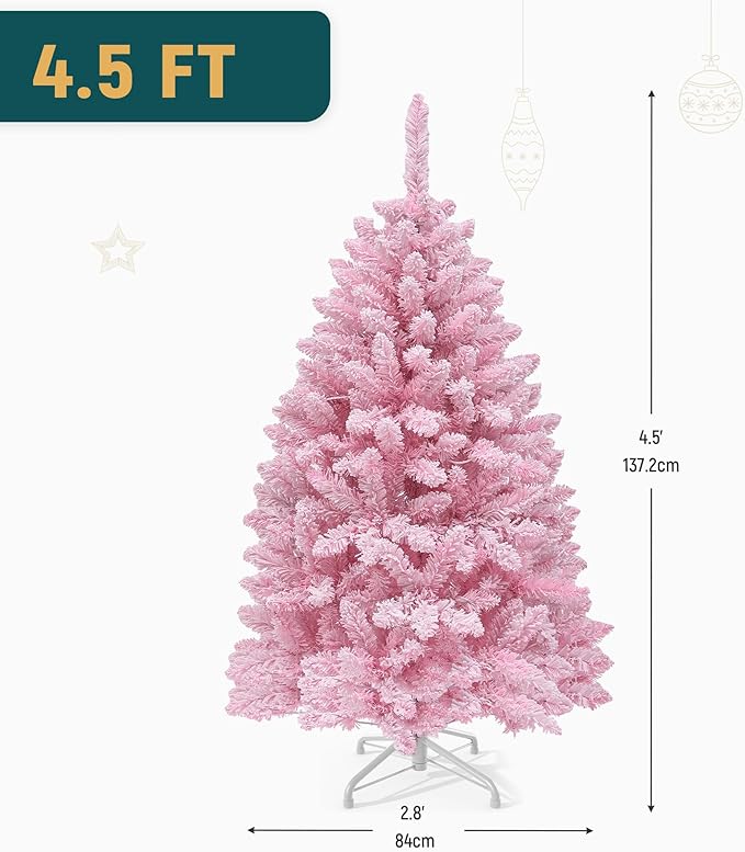 YITAHOME 4.5 FT Prelit Pink Flocked Christmas Tree, Pre-Lit Pink Spruce Artificial Christmas Tree with 400 PVC Flocked Tips and 200 Warm-White Lights for Home, Office Decoration