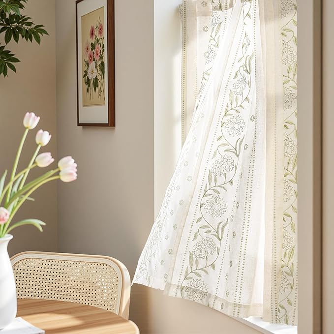 jinchan Winslow Linen Curtains 54 Inch Length Christmas Decorations Farmhouse Small Window Curtains Embroidered Bordered Floral Drapes Light Filtering for Bathroom Kitchen Sage on Beige 2 Panels