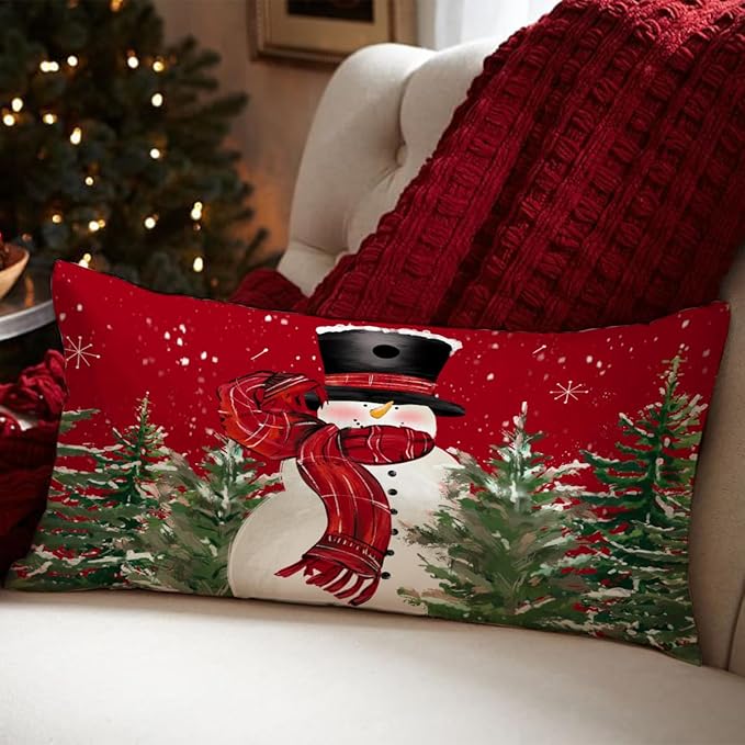 Christmas Pillow Cover 12X20 Colorlife Snowman Tree Snowflake Lumbar Pillow Cover Decorations Throw Pillow Covers Farmhouse Pillows Decorative for Sofa Winter Home Decor