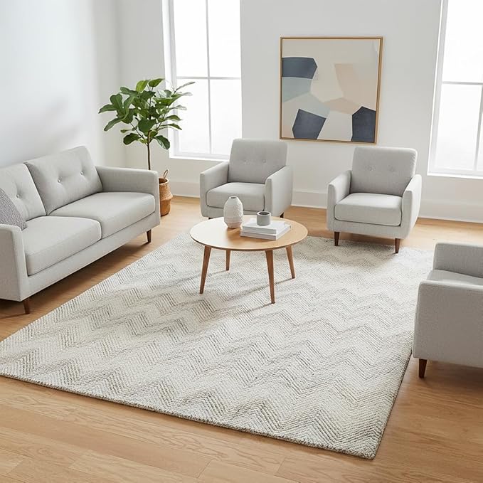 Modern Herringbone Chevron Collection Handcrafted Wool Area Rug - Durable, Zigzag Pattern, for High Traffic, Contemporary Design for Living Room, Bedroom, Dining Room Decor (Ivory-Multi, 2.6' x 12')