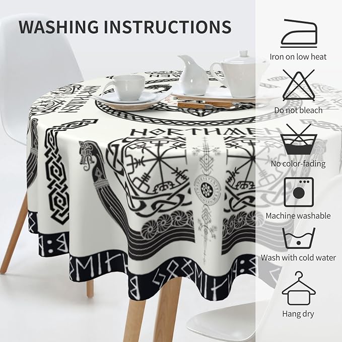 Norse Viking Tablecloth, Nordic Mythology Ancient Mythical Viking Ethnic Style Mythical Animal Water Resisitant Table Cover for Dining Kitchen Living Room Home Party Holiday Decor 70 inch Round