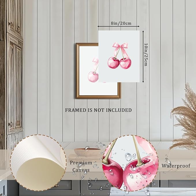 Trendy Pink Bows Wall Art Coquette Preppy, Vintage Preppy Cherry Posters Prints, Pink Girly Room Aesthetic Wall Decor Painting For College Dorm Living Room Bedroom Unframed 8x10
