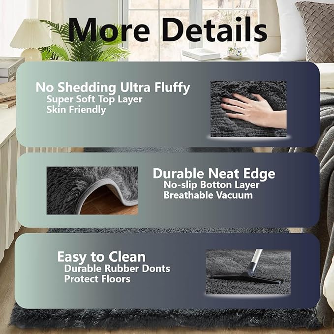 Floralux Area Rugs for Living Room, Dark Grey, 4x6 Rug for Bedroom, Fluffy Shag Shaggy Soft Carpet, Non-Slip Indoor Floor Carpets for Nursery, Kids Baby Boys Teen Dorm Home Decor Aesthetic