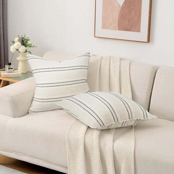 18X18 Decorative Farmhouse Linen Throw Pillow Covers, Boho Textured Pillow Case Set of 2 ,Beige with White & Blue Stitch Yarn Dyed Stripe Cushion Cover ,Modern Accent Square Pillowcase for Sofa Couch