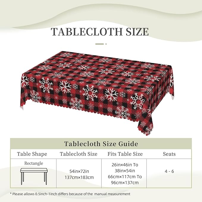 Christmas Plaid Table Cloth for Dining Tables,Reusable Red and Black Buffalo Plaid Snowflake Tablecloths Xmas Decoration Rectangle Table Cover for Winter Holiday,Kitchen,Party,54x72In