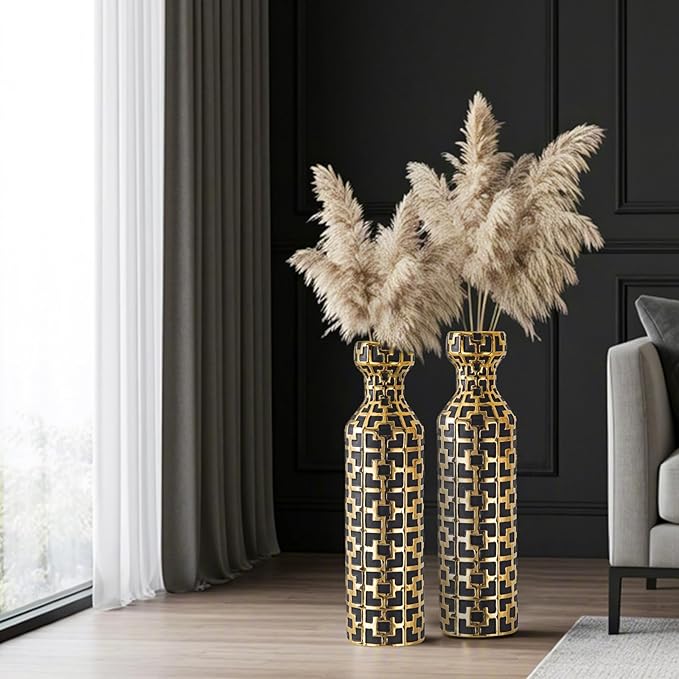 Pair of 24.4" Tall Ceramic Cylinder Vases with Geometric Gold Accents, Large Flower Vase, Decorative Vase - Modern Black & Gold Floor Vases for Living Room, Entryway Decor (Set of 2)
