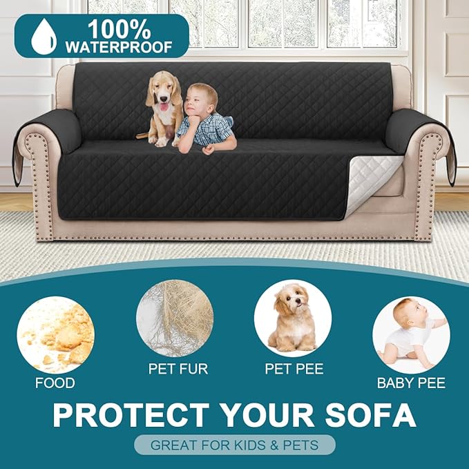 Turquoize 100% Waterproof Sofa Covers Couch Cover Sofa Cover for Dogs Couch Protector Triple Non-Slip Sofa Slipcover for 3 Cushion Couch Furniture Protector for Pets, Kids,Dog (XL Sofa 78", Black)