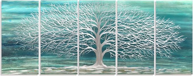 RICHSPACE ARTS Home and Kitchen Metal Wall Art Gray White Tree Turquoise Nature Scene Decor 3d Wall Sculpture with Hanger Set of 5-Piece Ornament
