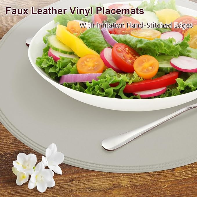 Round Vinyl Gray Placemats Set of 6, Faux Leather Waterproof Wipeable Heat Resistant Place Mats, Washable Table Mats for Halloween, Thanksgiving & Christmas Dinner(Gray)