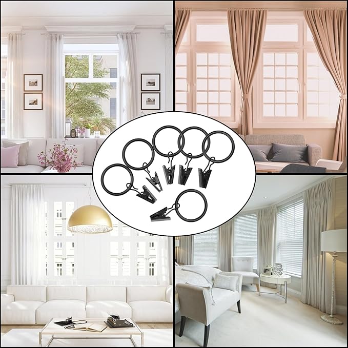 20 Pack Curtain Rings with Clips, Rustproof Curtain Rings with Clips ，Curtain Clip Rings Hooks for Hanging Drapery Drapes Bows, Curtain Rod Rings 1 inch Interior Diameter（ Black）