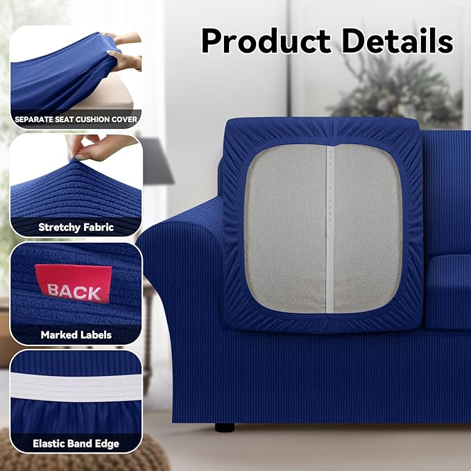 100% WaterproofCouch Cover 3-Piece Set Striped Sofa Slipcovers for 2 Cushion Couch Sofa Covers with TPU Leakproof Bottom Stretch Couch Protector Pet Proof - Sofa(2-Cushion), Navy