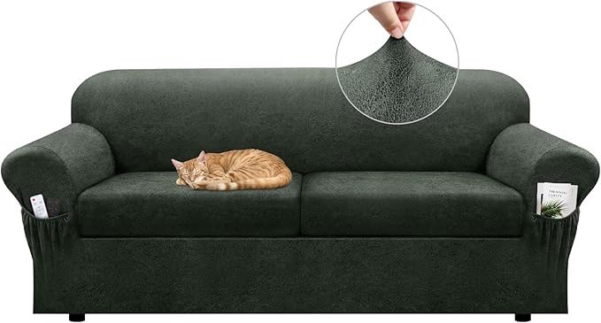 Sofa Slipcover with Armrest Pockets 3-Piece Set, Stretch Faux Leather Couch Cover for 2-Cushion Couches(Fits 72-92") - Non-Slip, Machine Washable, Pet & Kid Friendly - Military Green