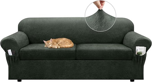 Sofa Slipcover with Armrest Pockets 3-Piece Set, Stretch Faux Leather Couch Cover for 2-Cushion Couches(Fits 72-92") - Non-Slip, Machine Washable, Pet & Kid Friendly - Military Green